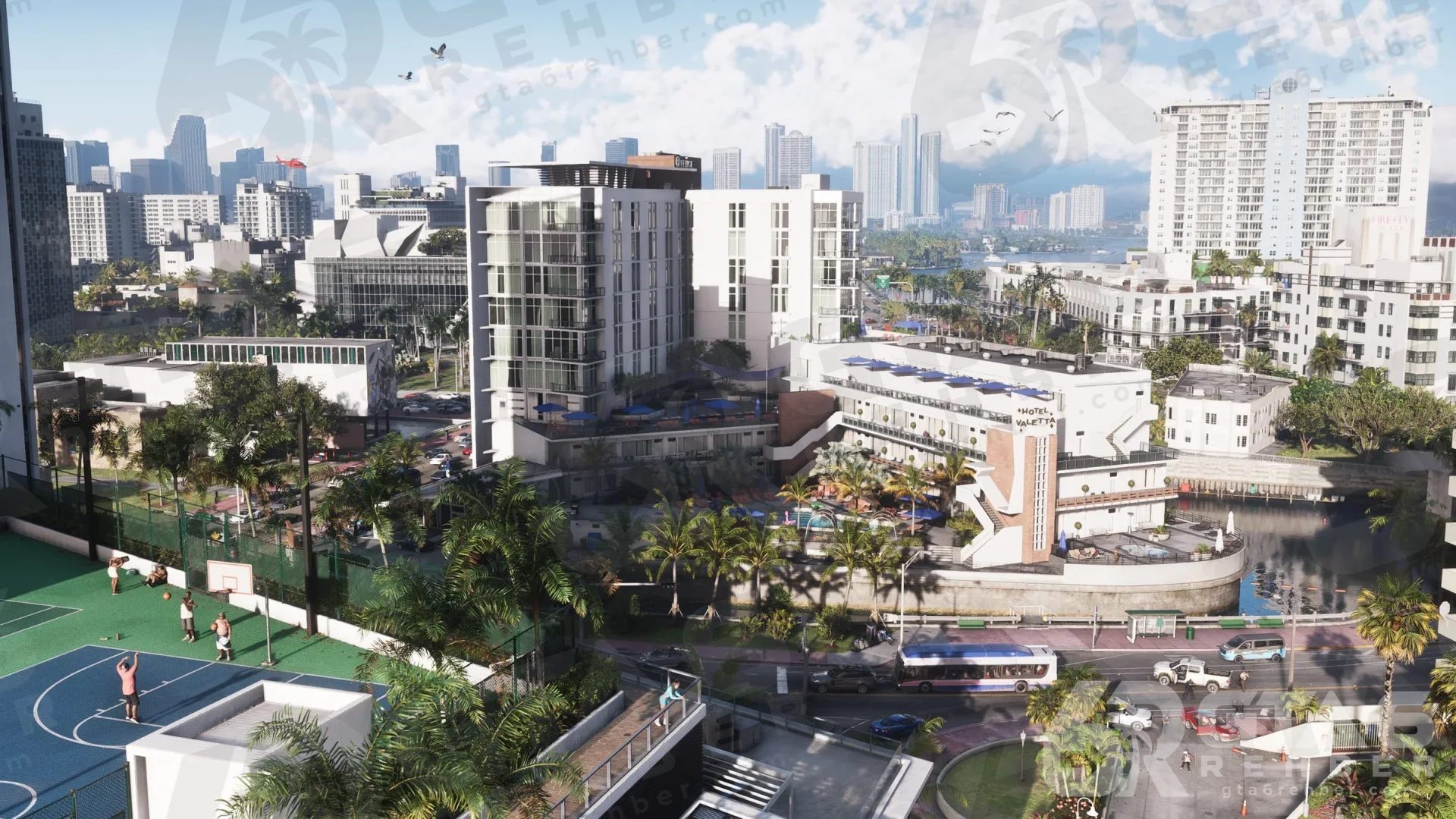 Vice City’nin havadan görünümü: basketbol sahaları, oteller ve kanal