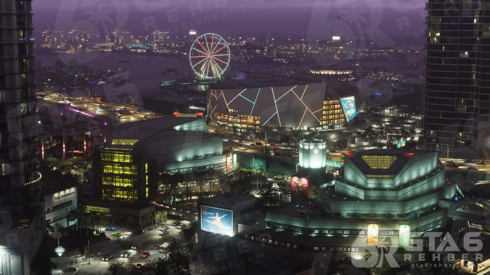 Gece Vice City: ışıklı dönme dolap, arena ve kıyıdaki yapılar
