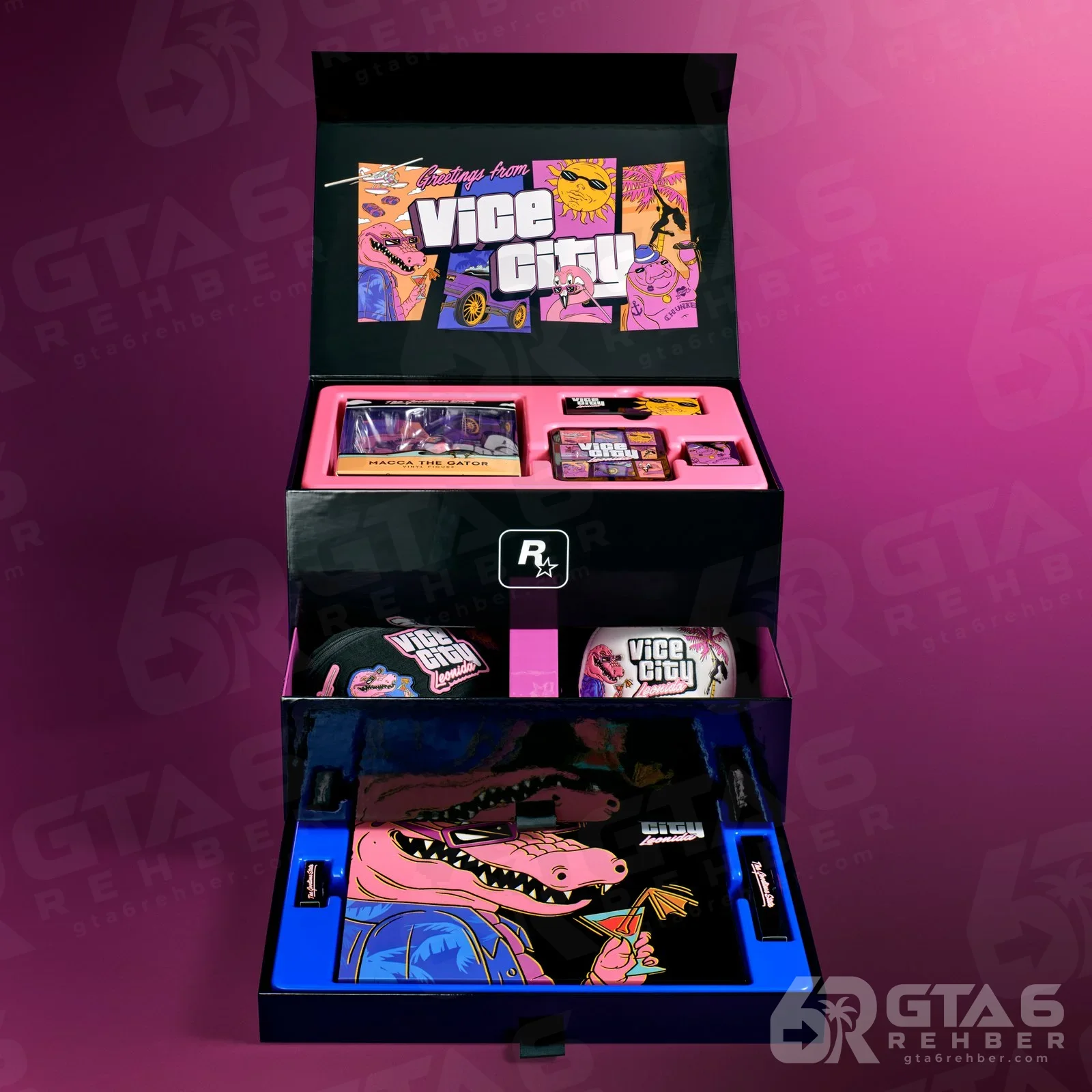 Açık Vice City Collection kutusu: kapağında Vice City çizimi, çekmecelerinde Macca figürünün kutusu ve Vice City şapkası