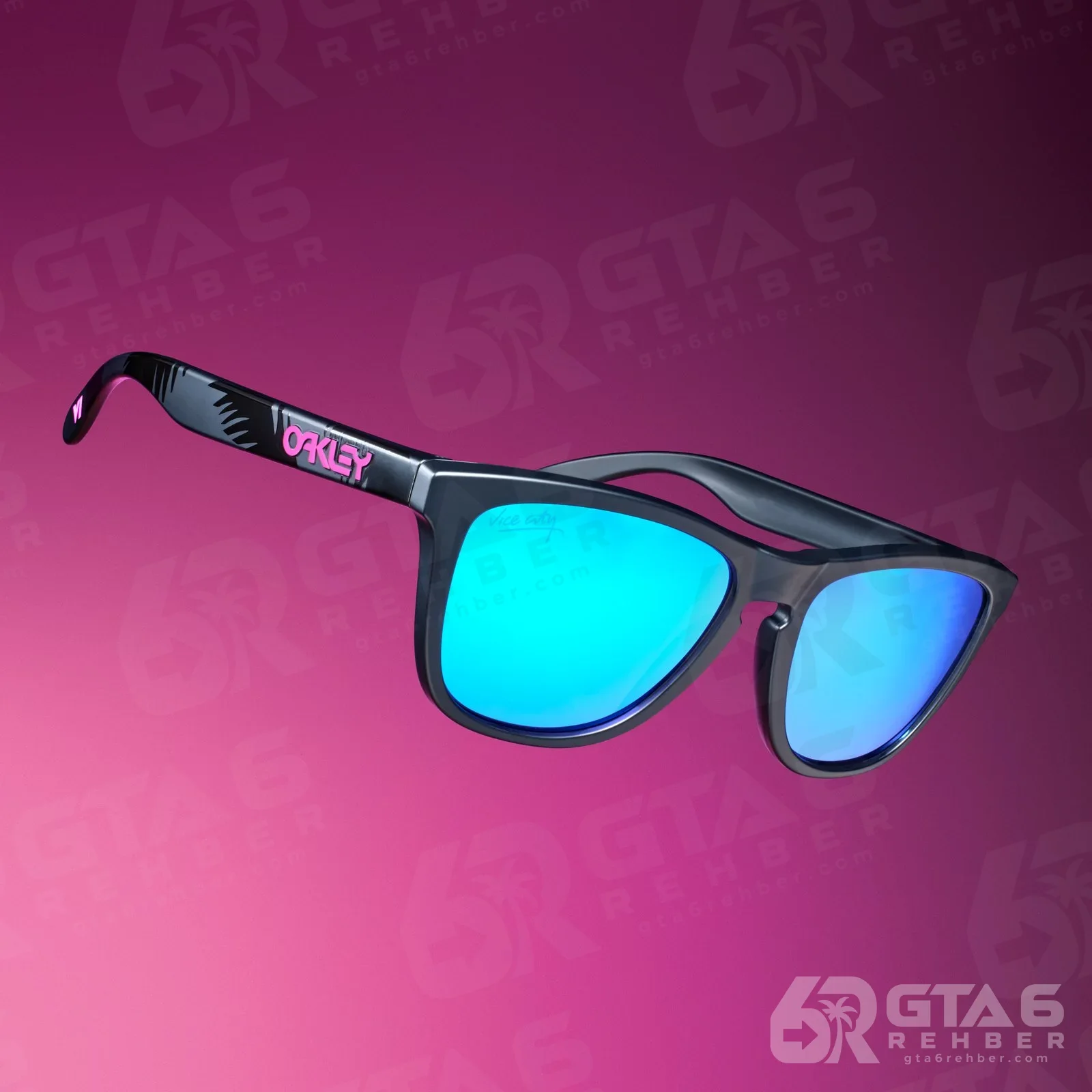 Mavi camlı mat siyah Oakley Frogskins güneş gözlüğü, sapında pembe logo