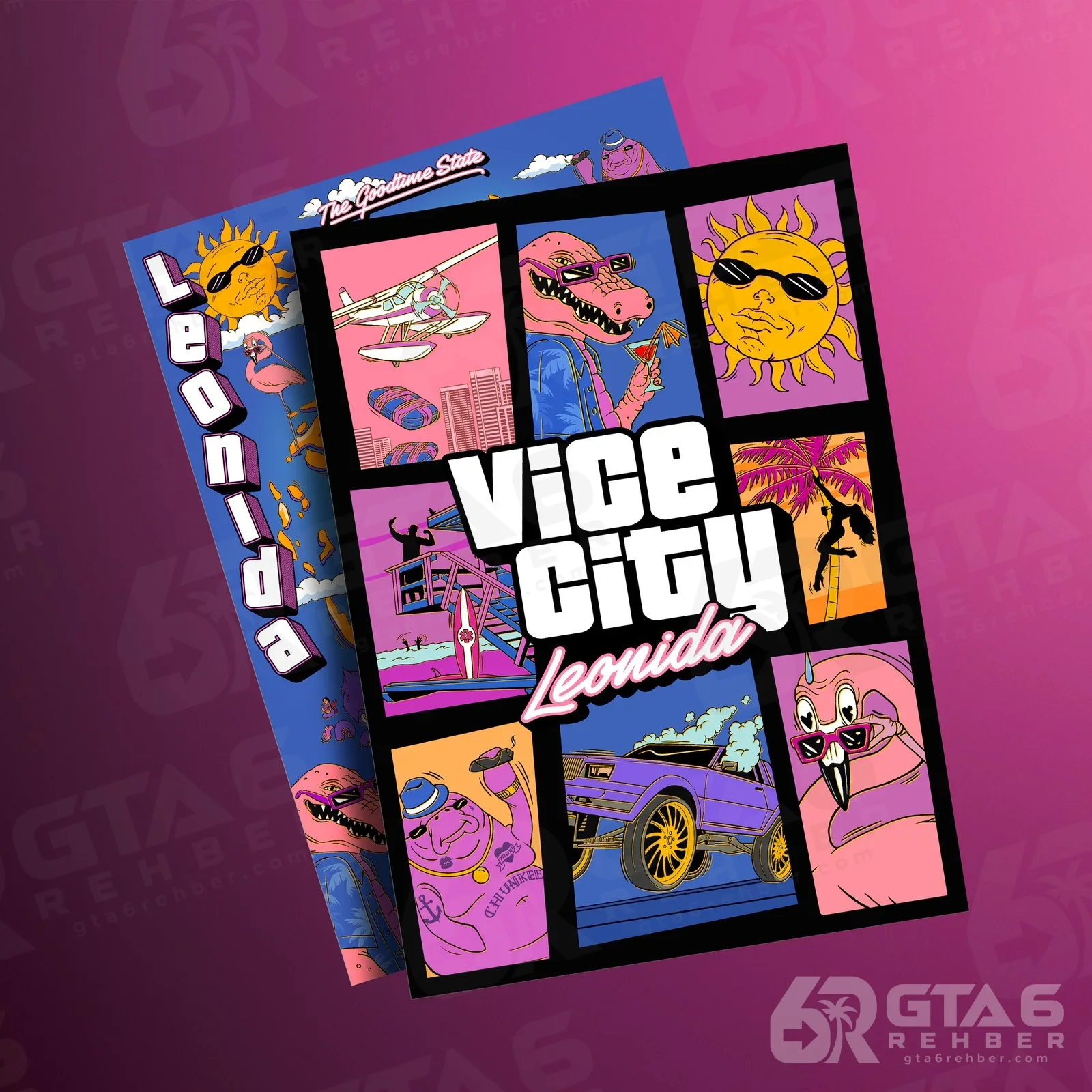 Vice City Leonida hatıra posteri: Macca the Gator, Chunkee the Manatee ve flamingo çizimli paneller