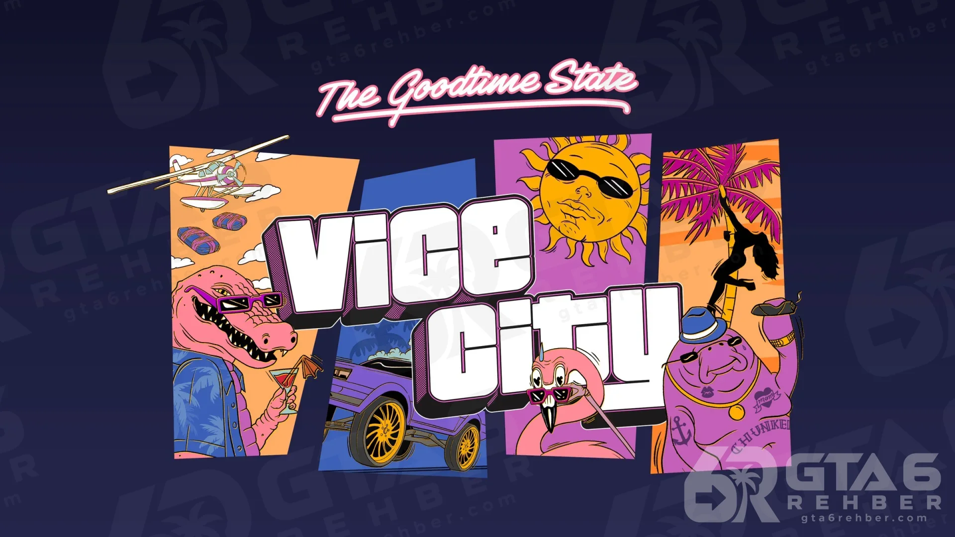 The Goodtime State – Vice City Collection çizimi: kokteyl tutan Macca the Gator, gözlüklü güneş, flamingo ve Chunkee the Manatee