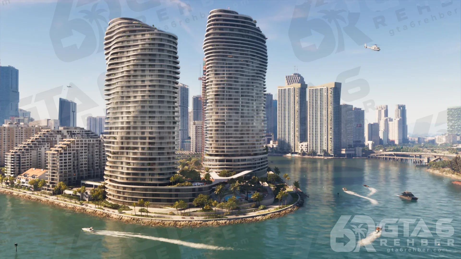 Su kenarındaki kıvrımlı ikiz kuleler ve Vice City silüeti, koyda tekneler