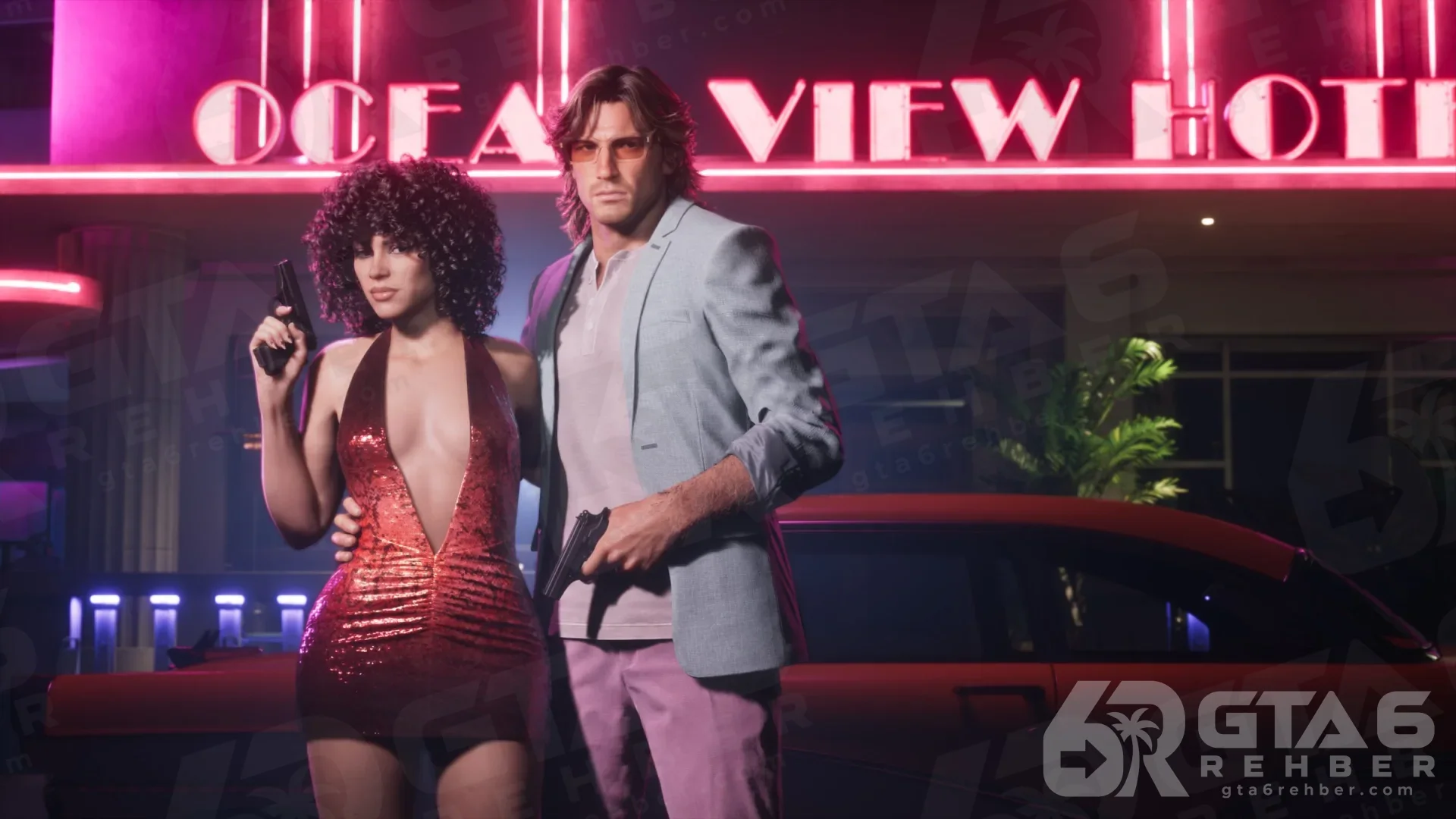 Ocean View Hotel neon tabelası önünde kırmızı elbiseli, tabancalı bir kadın ve ceketli bir adam