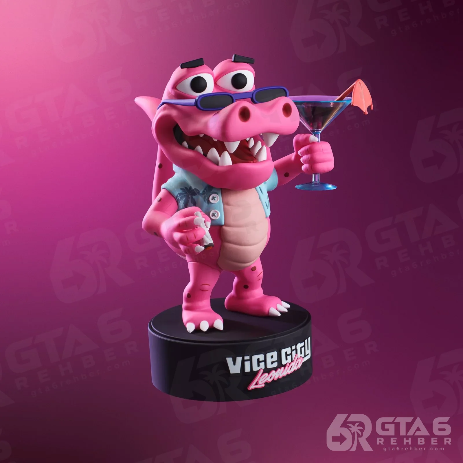 Güneş gözlüklü, elinde martini tutan pembe Macca the Gator figürü, Vice City Leonida yazılı siyah kaidede