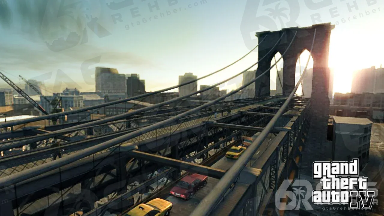 Güneş batarken Liberty City’de asma köprü ve köprüden geçen sarı taksiler