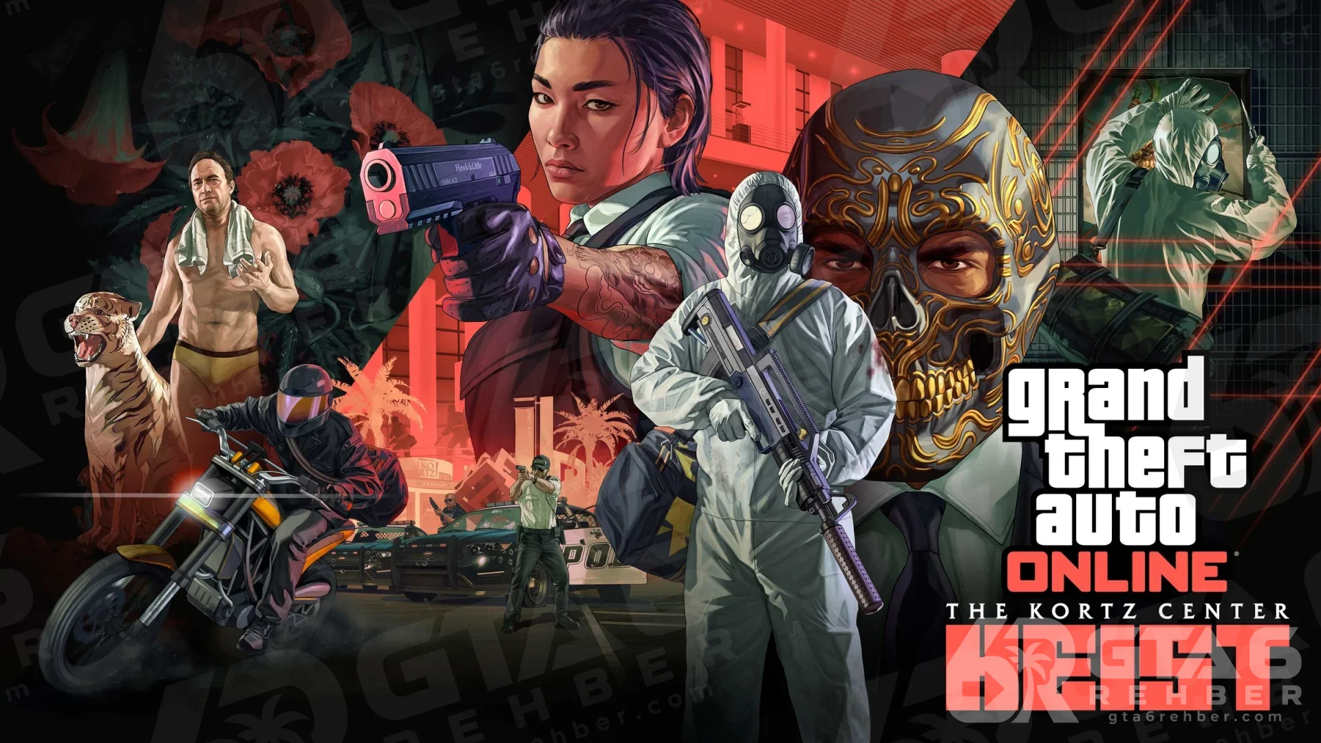 GTA Online The Kortz Center Heist afişi: silahlı ekip, gaz maskeli soyguncu ve motosiklet